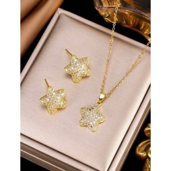 3pcs Gold-Tone Stainless Steel Zirconia Star Necklace And Stud Earrings Set - Picture 3 of 3